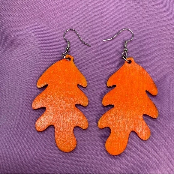 Hand Painted Fall Wooden Leaf Earrings Handmade Orange Fish Hook Autumn Witchy - Picture 4 of 5